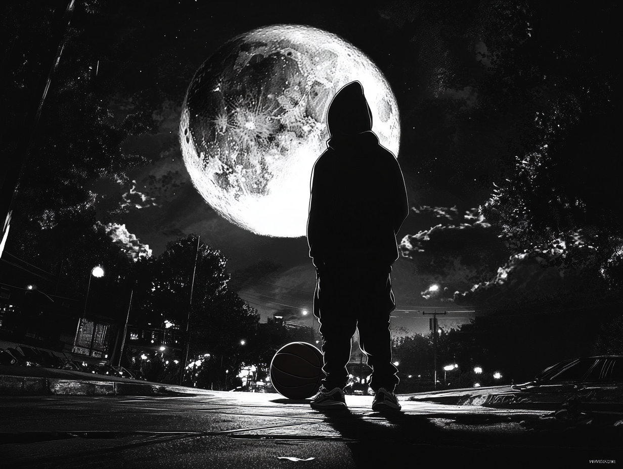 Silhouette of a person with a hoodie standing with a basketball on a street at night, under a large full moon in a dark sky.
