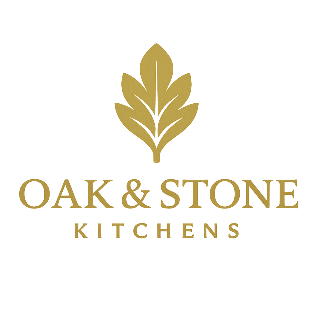 Gold logo with a stylized leaf above the text "OAK & STONE KITCHENS" on a black background.