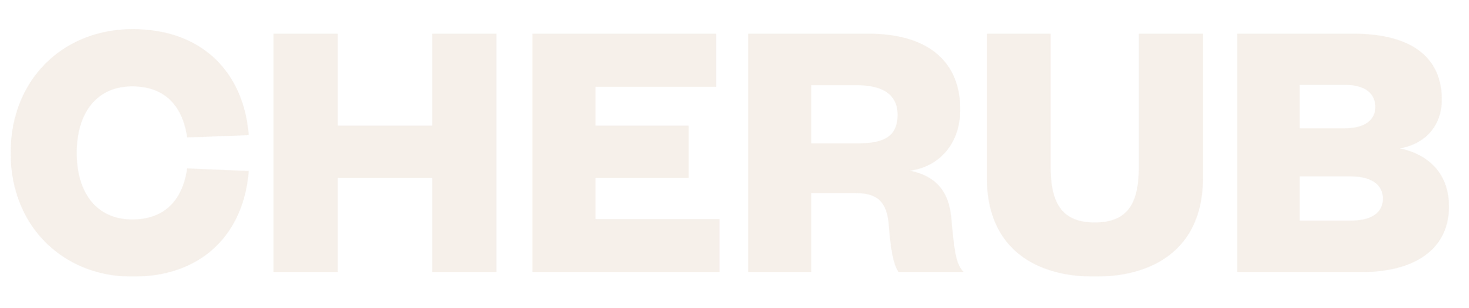 Large text spelling 'CHERUB' in white on a black background.