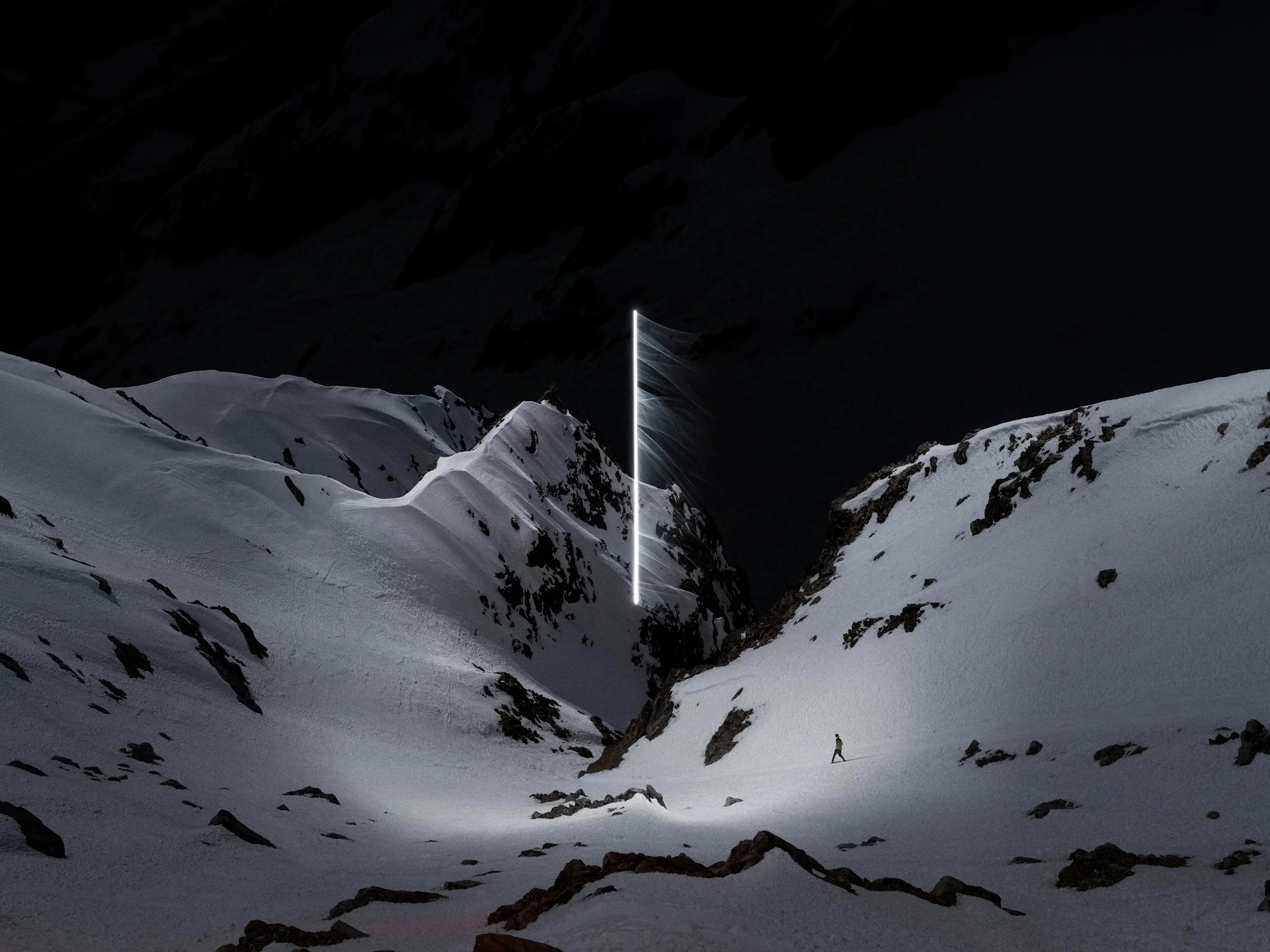 Night landscape photograph by Reuben Wu using drone light to reveal terrain and atmosphere.