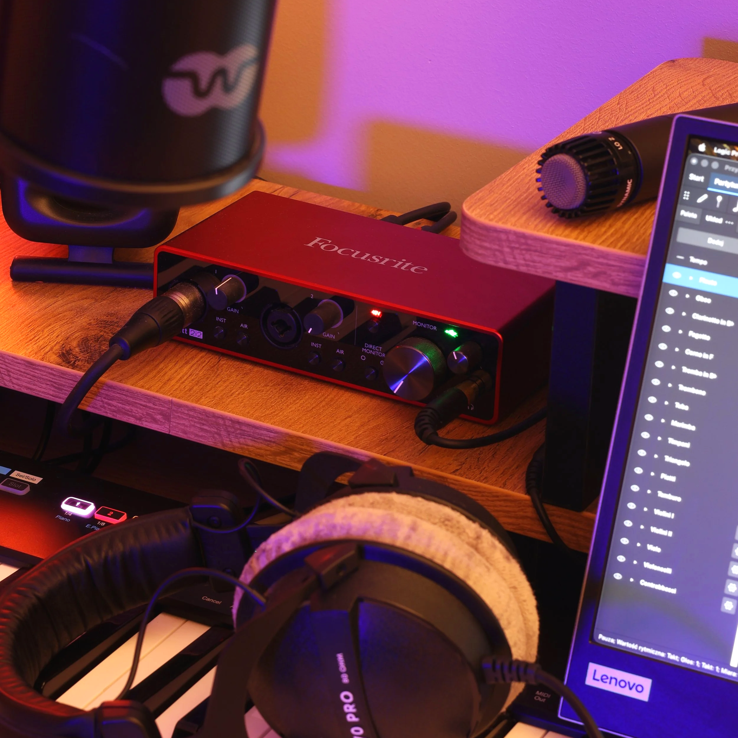 The photo shows professional music equipment composer Grzegorz Drozdowski uses in his work, like Focusrite Scarlett audio interface, Beyerdynamics 990DT headphones and 2 different microphones for recording live music at home