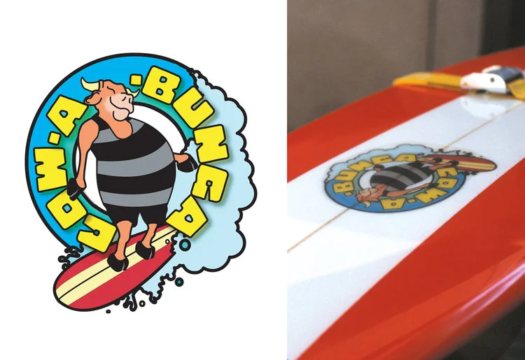  Surfboard by James Fulbright of Surf Specialties and Senator Surfboards. Cartoon laminate drawn and designed by me.  