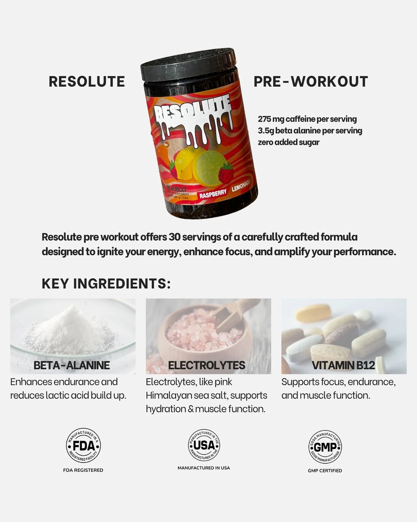 Built for performance.💪🔥

With 275mg of caffeine, 3.5g of beta-alanine, and zero added sugar, Resolute Pre-Workout keeps your energy high, your focus sharp, and your performance unmatched. 

Learn more on our website, link in bio🔥

#resolute #spor