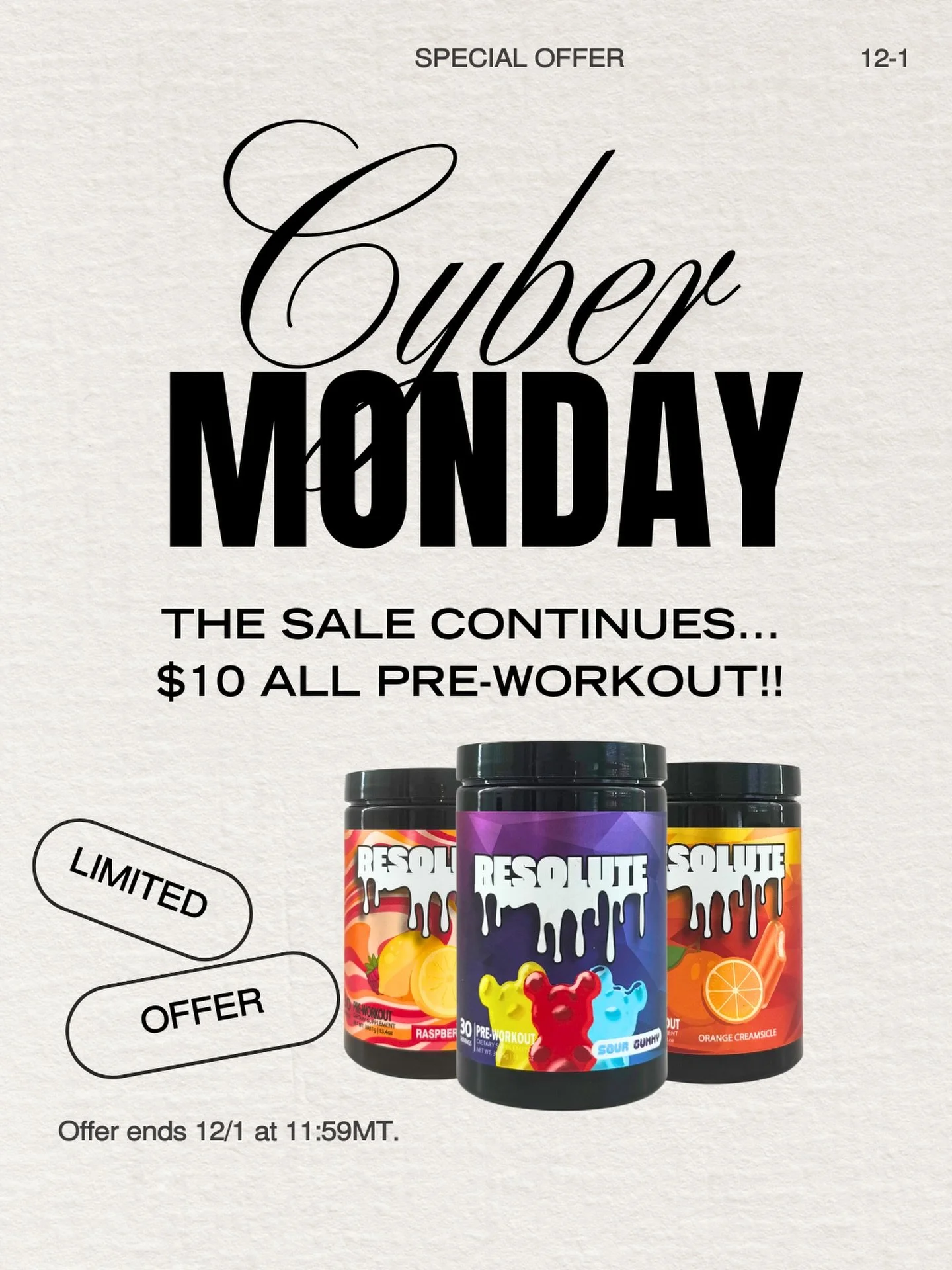 Missed Black Friday? You&rsquo;re in luck 😉 ALL pre-workout is $10 for Cyber Monday! Stock up while you can 🔥

#cybermondaysale #preworkout #sportssupplements