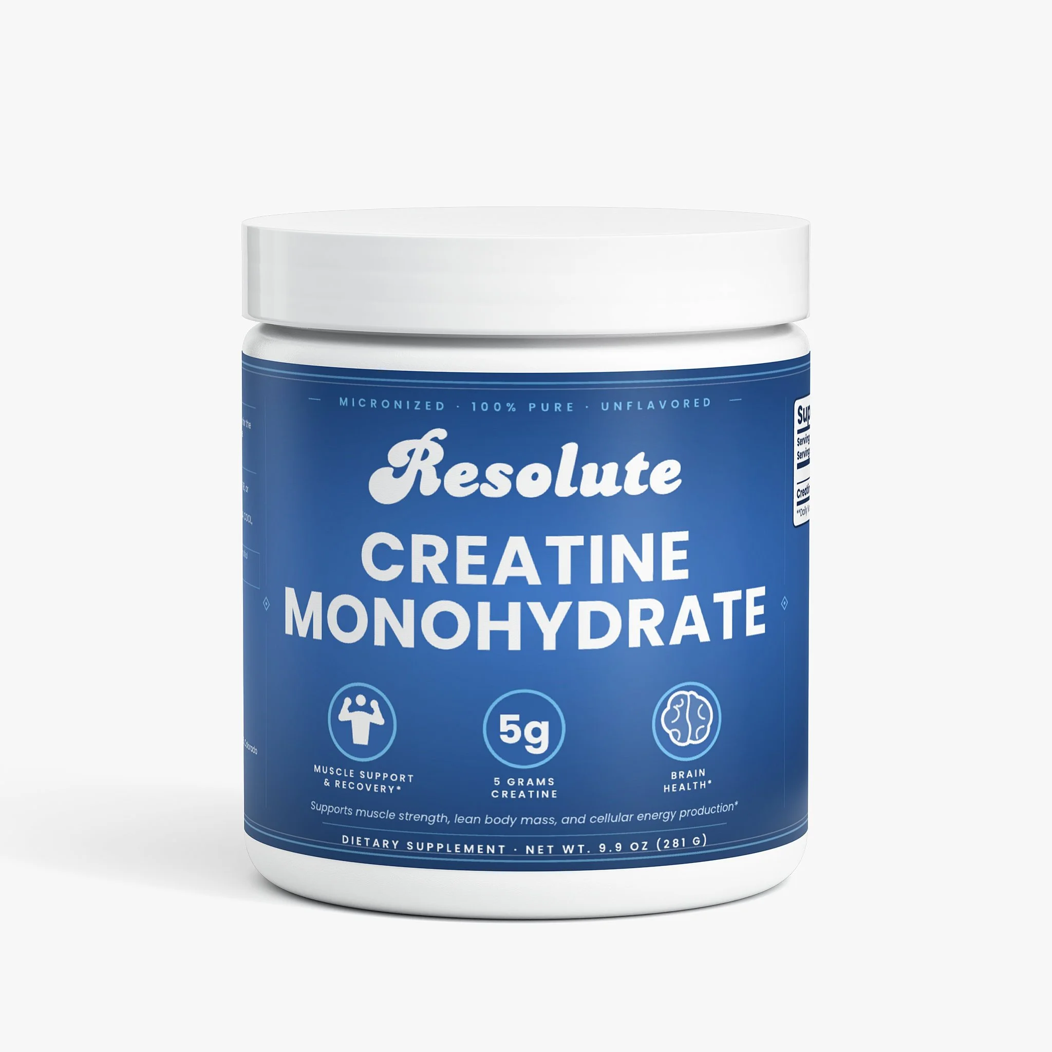 Container of Resolute pre-workout supplement with orange creamsicle flavor and images of oranges on the label.