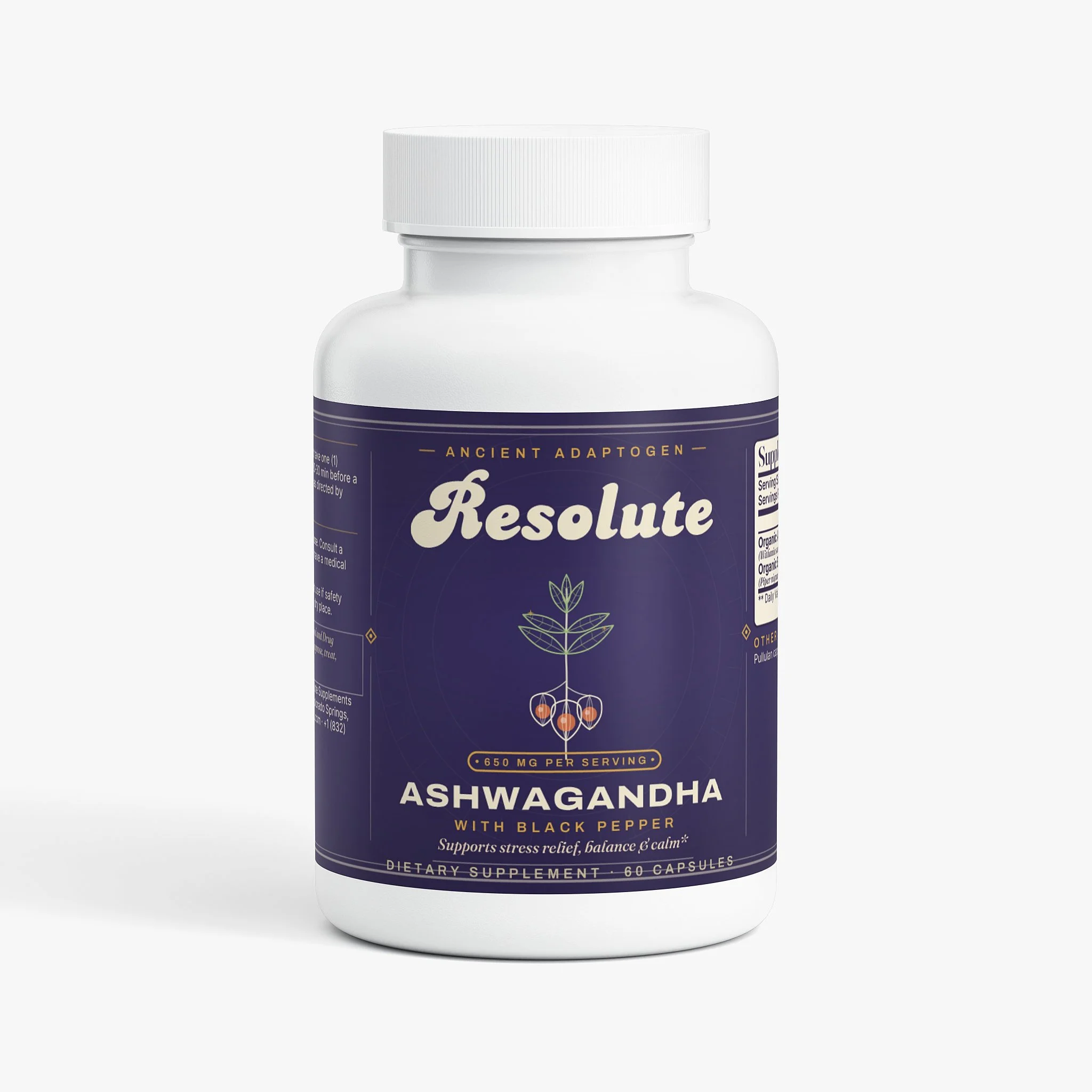 Bottle of dietary supplement labeled 'RESOLUTE' with raspberry lemonade flavor, featuring images of raspberries, lemon, and raspberry drink on a colorful background.