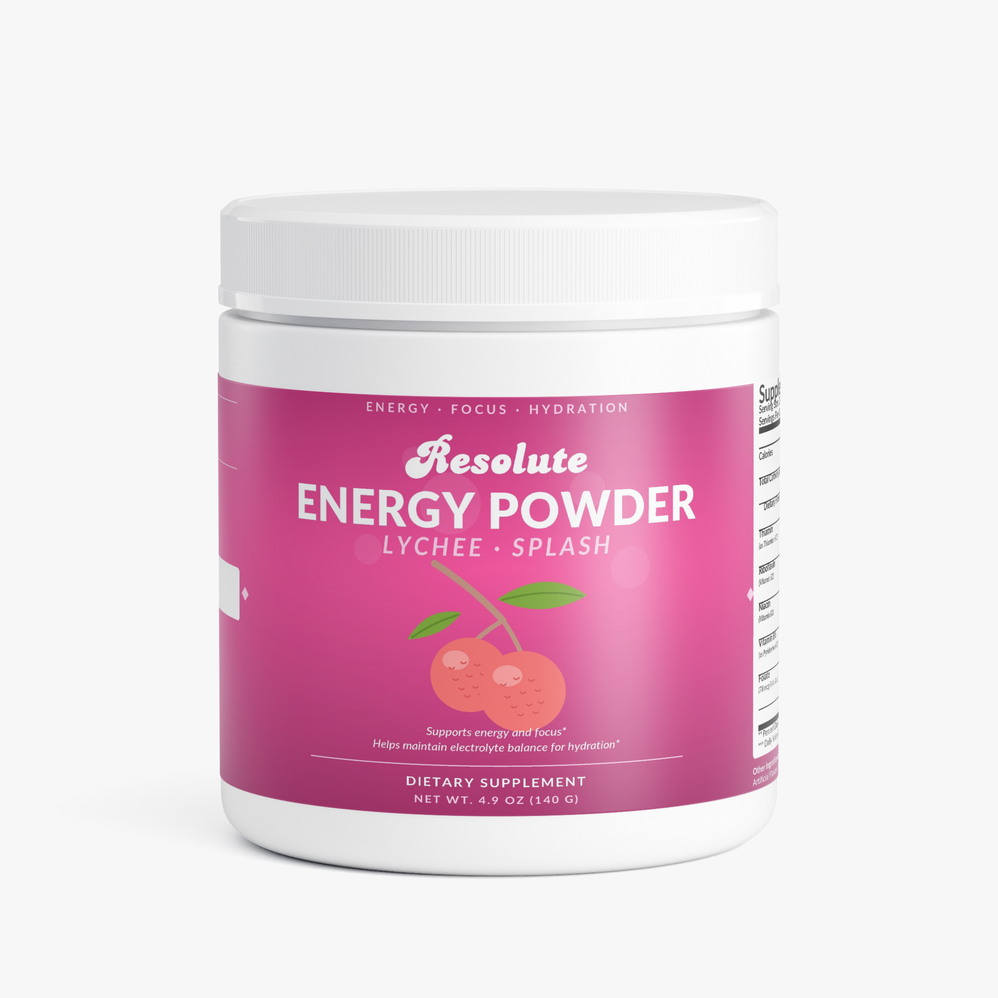 A white container labeled 'Resolve Energy Powder' with a pink label featuring lychees and the flavor 'Lychee Splash'.