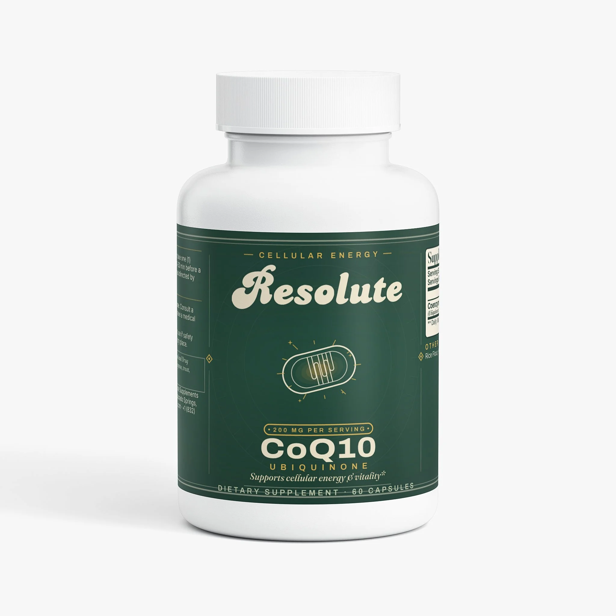 A white bottle of dietary supplement called Reslute, with a beige label featuring green accents, containing 60 capsules of Ashwagandha with black pepper, supporting overall health.