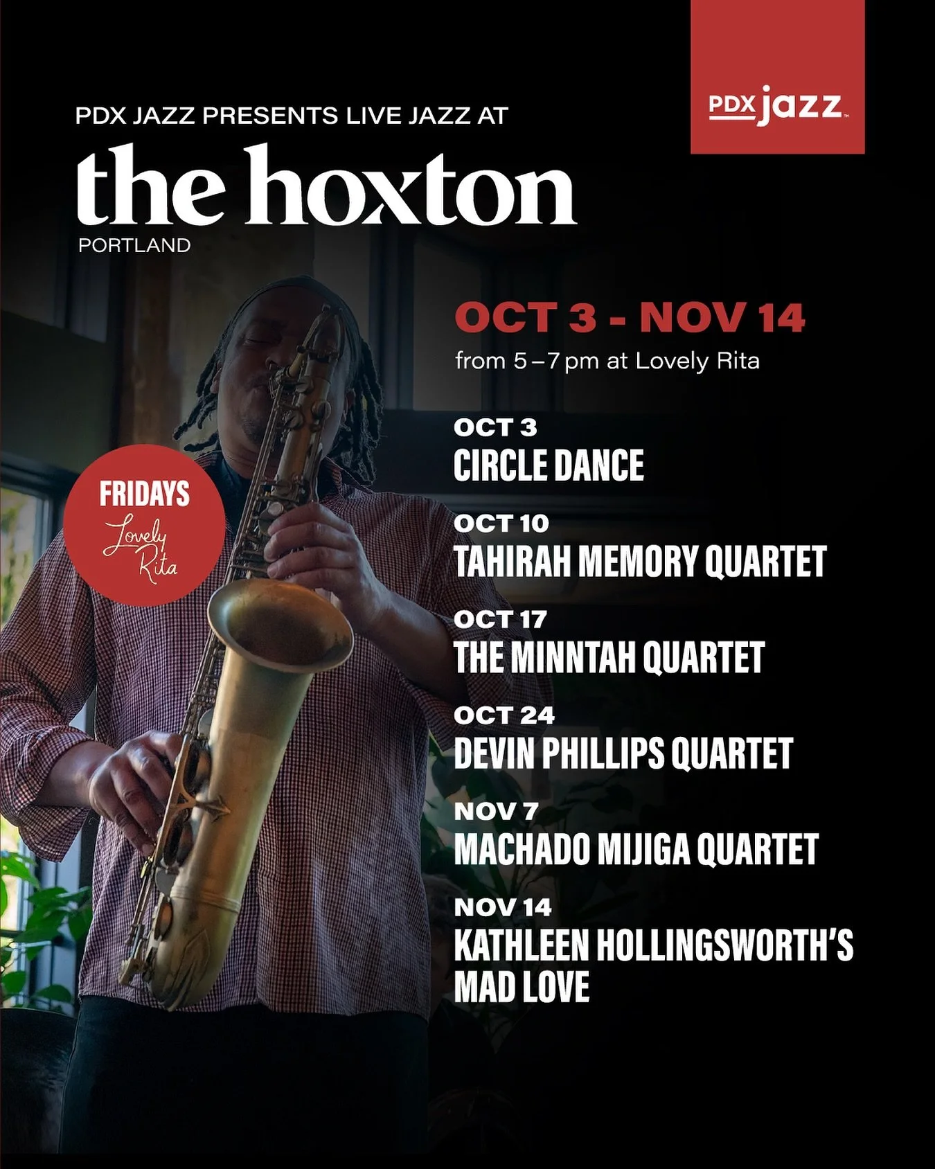 🎶 PDX Jazz at The Hoxton returns!

Fridays this fall, unwind with live jazz and crafted cocktails at Lovely Rita (@lovely_rita_pdx) inside The Hoxton, Portland (@thehoxtonhotel). From October 3 through November 14, PDX Jazz brings an intimate lineup