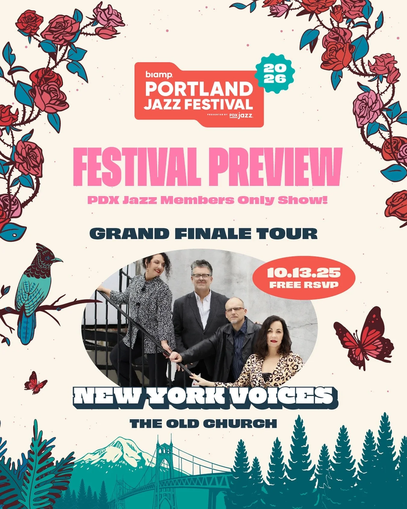 🎶 PDX Jazz Members get exclusive access!

Celebrate the 2026 Portland Jazz Festival lineup announcement at our annual Members-Only Festival Preview, featuring New York Voices &ndash; The Grand Finale Tour (@newyorkvoices).

📅 Monday, October 13
🕖 