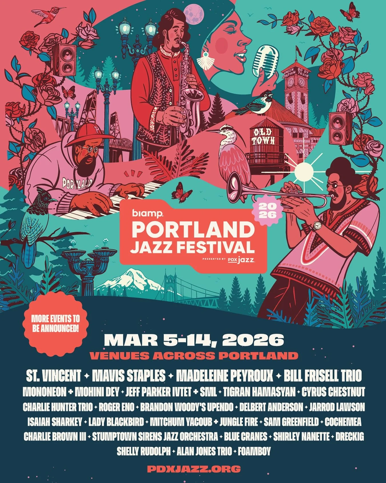 🎷 LINEUP REVEALED! The 2026 Biamp Portland Jazz Festival is coming March 5&ndash;14 with St. Vincent, Mavis Staples, Madeleine Peyroux, Bill Frisell Trio, MonoNeon + Mohini Dey &amp; more across 30+ venues and 50+ performances citywide.

This is our