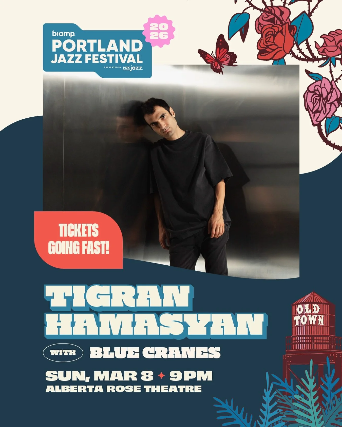 Tickets selling fast! The 2026 Biamp Portland Jazz Festival presents Tigran Hamasyan (@tigranhamasyan) with opening set by Blue Cranes (@bluecranes) on March 8 @albertarose.theatre. Known for his powerful piano technique and deep sense of groove, Ham