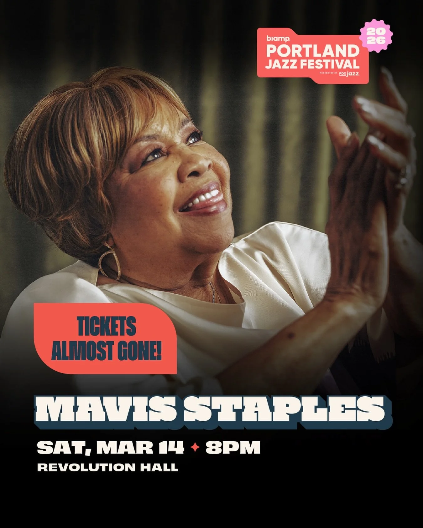 Grim days call for fierce love&mdash;and Mavis Staples (@mavisstaples), one of America&rsquo;s most enduring musical figures, is laying it down. Only a few tickets left to see her at @revolutionhall on March 14! 

🎟️ pdxjazz.org

#pdxjazz #portlandj
