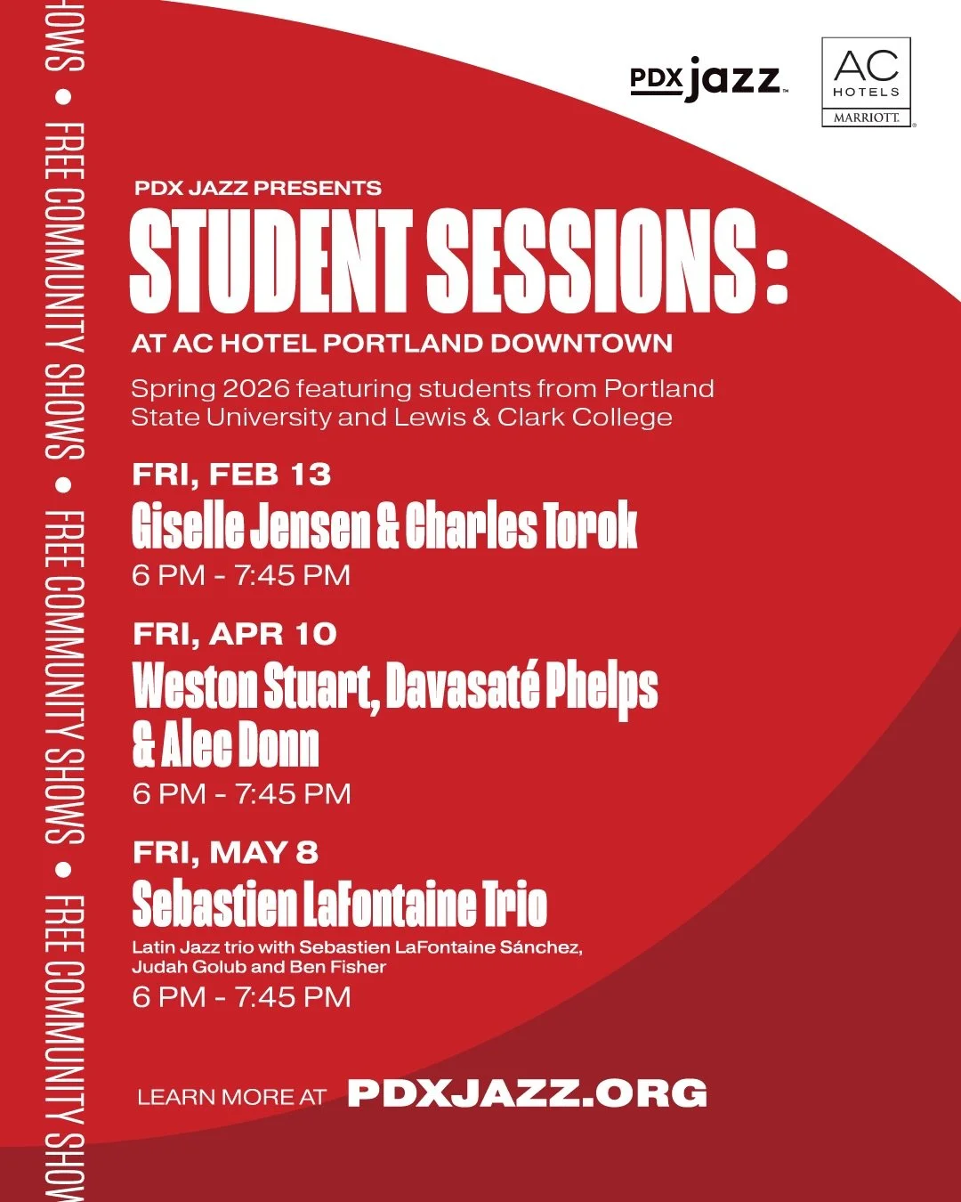 PDX Jazz presents Student Sessions at AC Hotel Portland Downtown (@achotelportland) featuring students from Portland State University (@portlandstate) and Lewis &amp; Clark College (@lewisandclarkcollege).

These are FREE community shows! 
⏰ 6:00 PM 