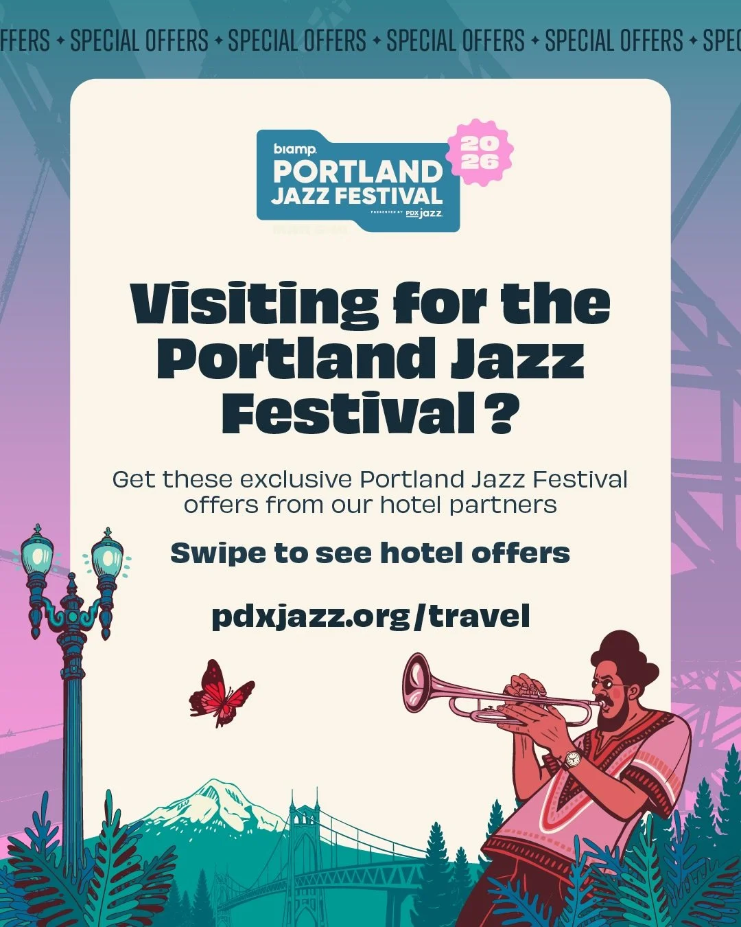 Visiting for the 2026 Biamp Portland Jazz Festival &mdash; or looking to enjoy some extra perks while you&rsquo;re in town?

PDX Jazz is excited to share exclusive Portland Jazz Festival offers from our hotel partners to help make your festival exper