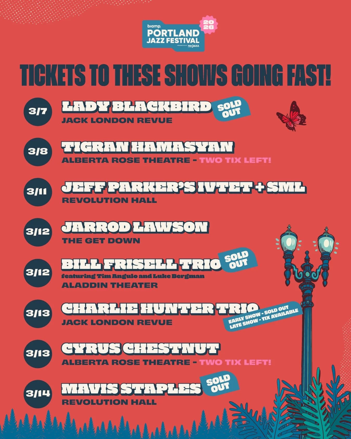 🚨Tickets are moving fast! Don&rsquo;t wait! 

Only two tickets left for Cyrus Chestnut and Tigran Hamasyan, and only a handful left for Jeff Parker + SML (just released!). 

🎟️ pdxjazz.org