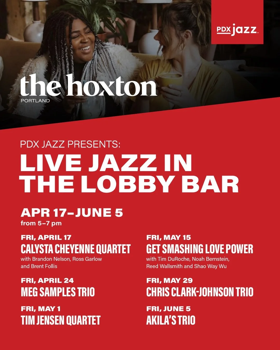 PDX Jazz is back at The Lobby Bar at The Hoxton, Portland, formerly Lovely Rita, bringing live music and crafted cocktails to the heart of downtown. Starting this Friday, April 17, unwind each week from 5&ndash;7 PM with intimate performances from so