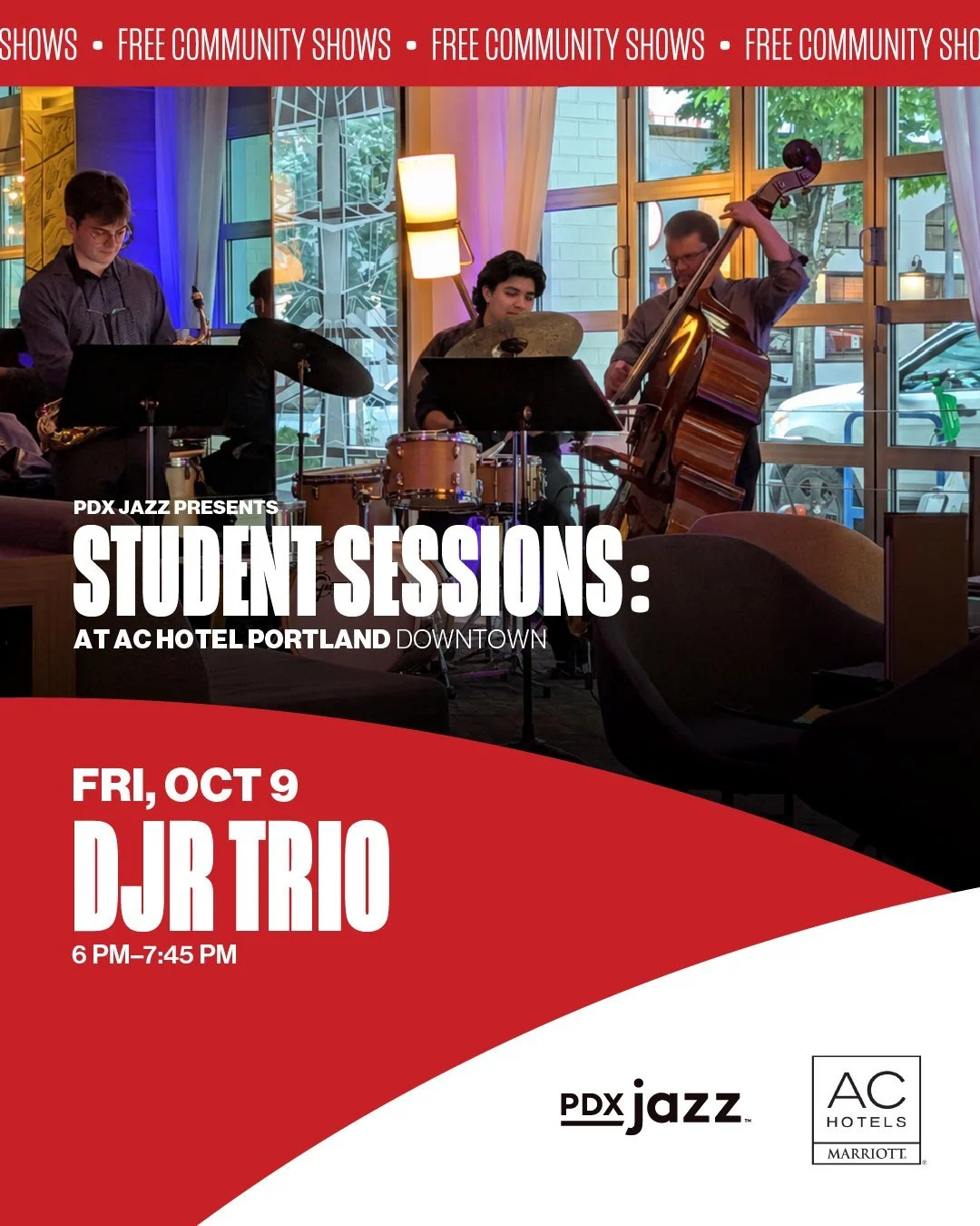Join PDX Jazz for Student Sessions featuring the DJR Trio&mdash;a free community performance spotlighting the next generation of Portland jazz artists.

Hailing from eastern Portland, the trio features Jackson Baldwin on saxophones, Ryan Lund on bass