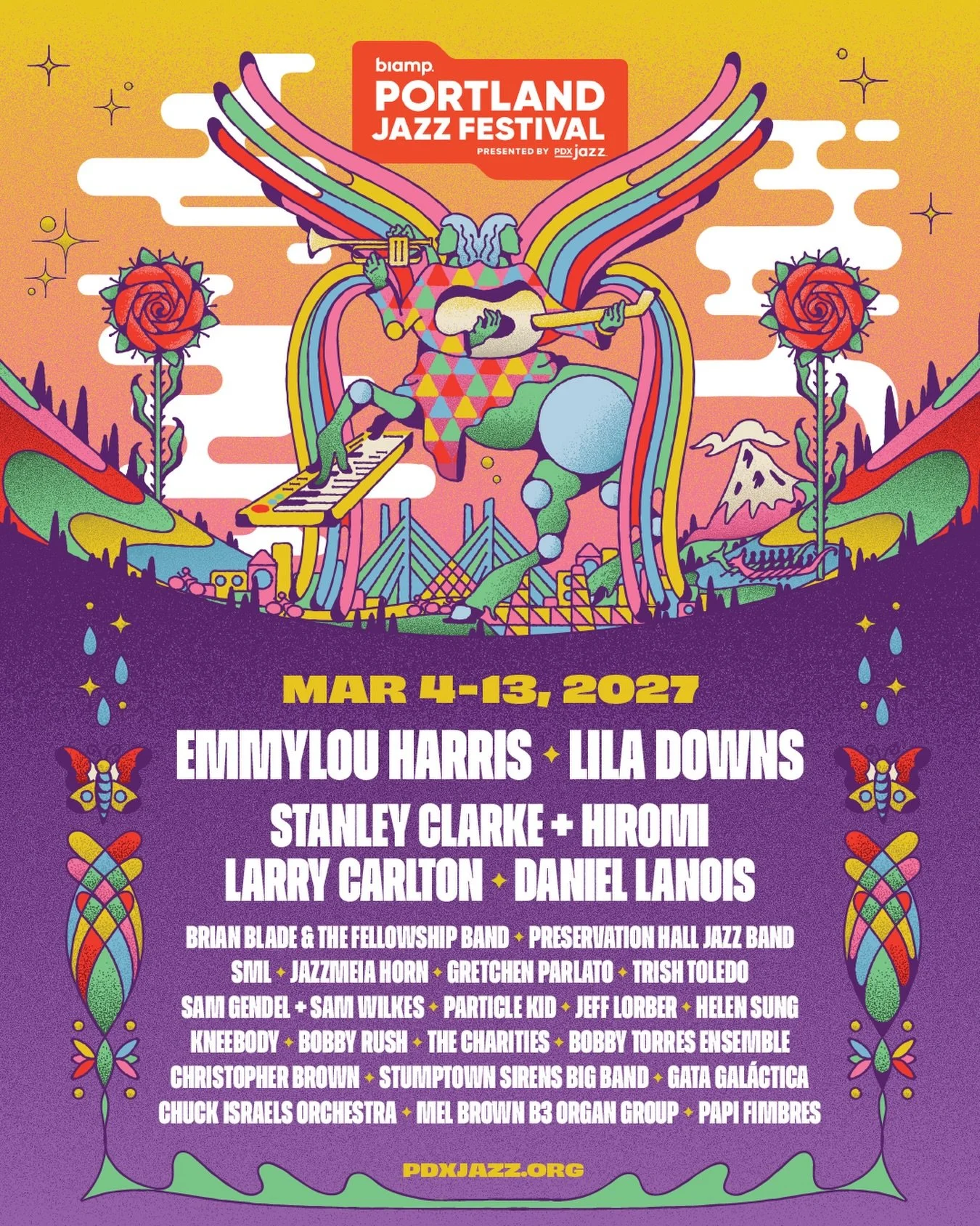 LINEUP REVEALED! The 2027 Biamp Portland Jazz Festival is coming March 4-13 with Emmylou Harris, Lila Downs, Stanley Clarke + Hiromi featuring PUBLIQuartet, Larry Carlton, Daniel Lanois, Preservation Hall Jazz Band, Trish Toledo, Brian Blade &amp; Th