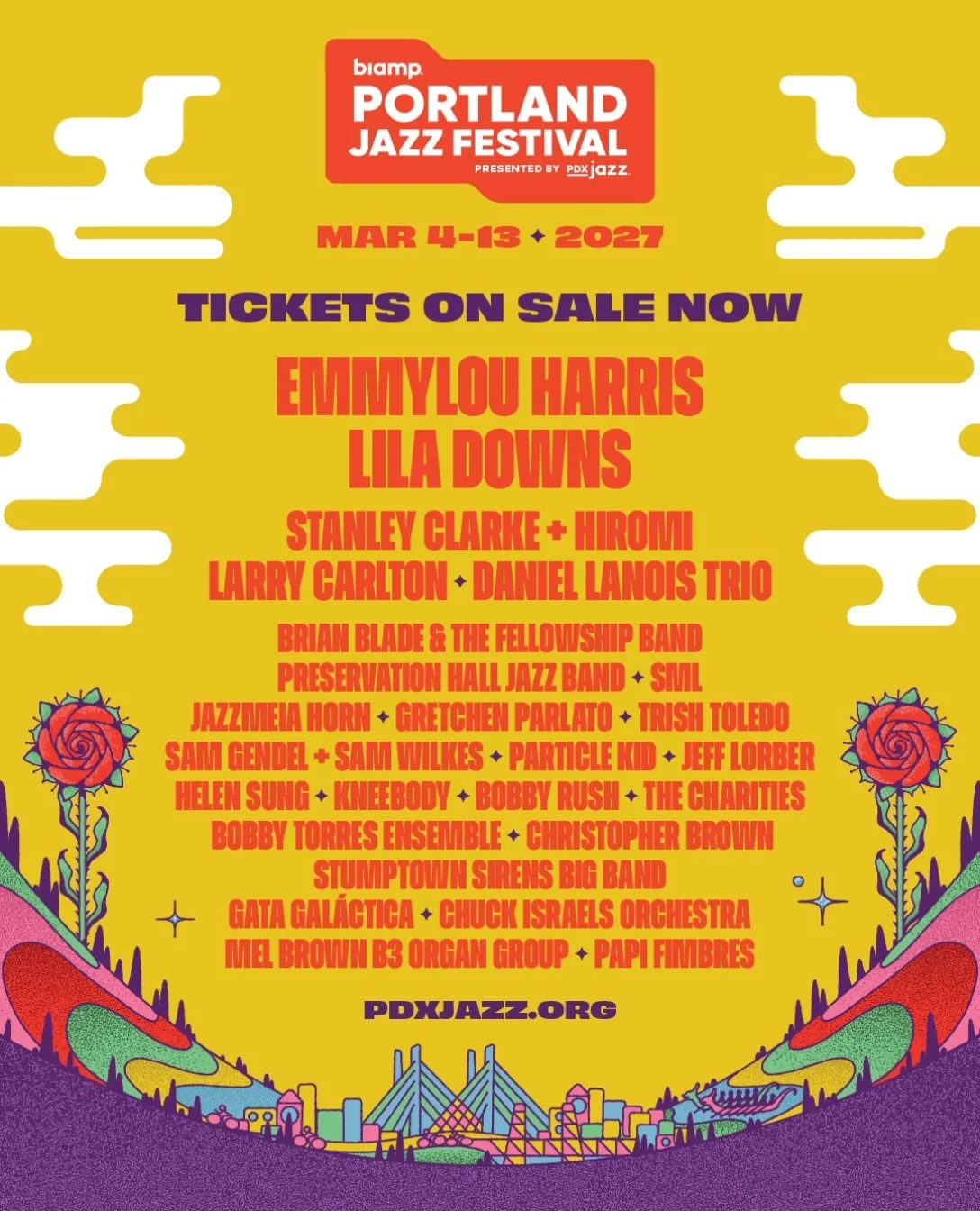ON SALE NOW 🎟️ Tickets for the 2027 Biamp Portland Jazz Festival are officially open to everyone!

Catch Emmylou Harris, Lila Downs, Stanley Clarke + Hiromi featuring PUBLIQuartet, Larry Carlton, Daniel Lanois / Particle Kid, Preservation Hall Jazz 