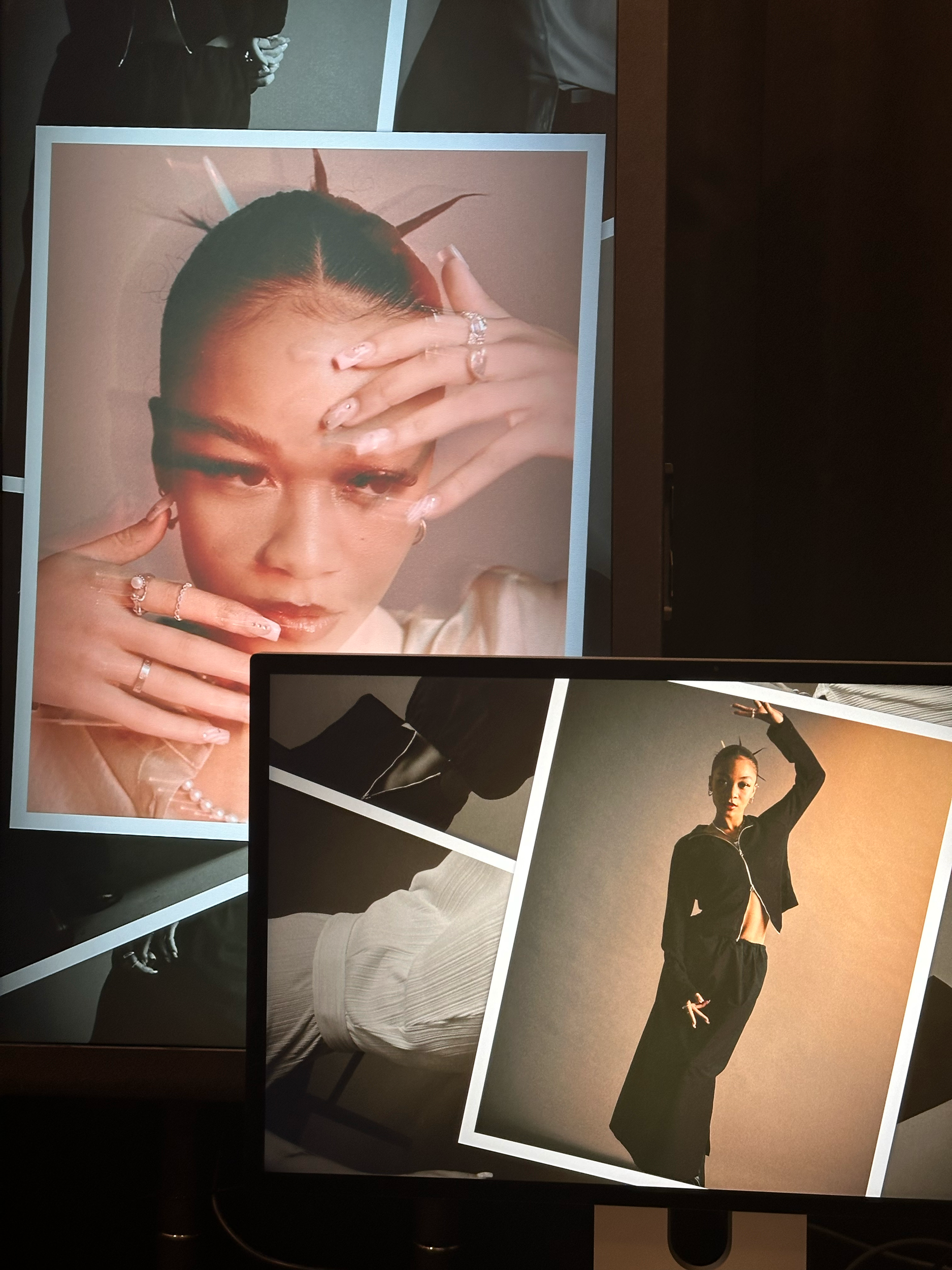 Collage of fashion portraits showing a person posing in stylish clothing with elegant hand gestures, wearing jewelry, and having a sleek hairstyle.
