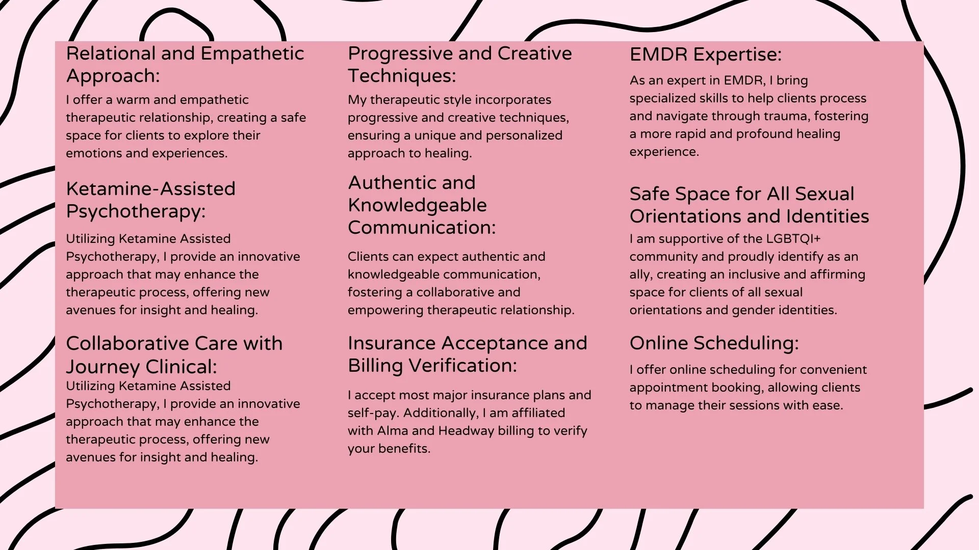 Therapy services and approaches outlined, including Relational and Empathetic Approach, Ketamine-Assisted Psychotherapy, Collaborative Care, Progressive Techniques, Authentic Communication, Insurance Acceptance, EMDR Expertise, Safe Space for LGBTQ, and Online Scheduling.
