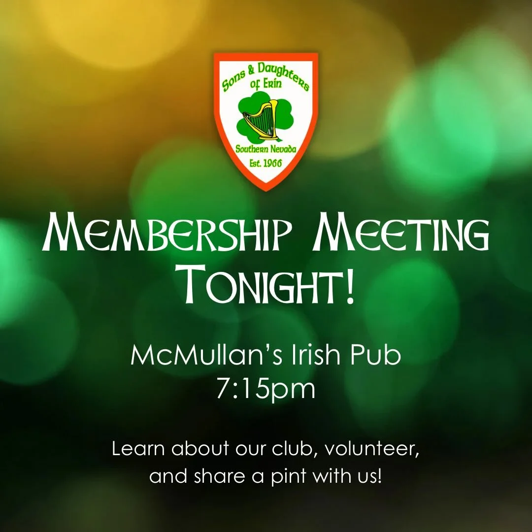 Join us for our monthly meeting! Good company, good conversation, and plenty of craic. ☘️ Find us in the Shenanigans Room at McMullan&rsquo;s Irish Pub tonight at 7:15pm.