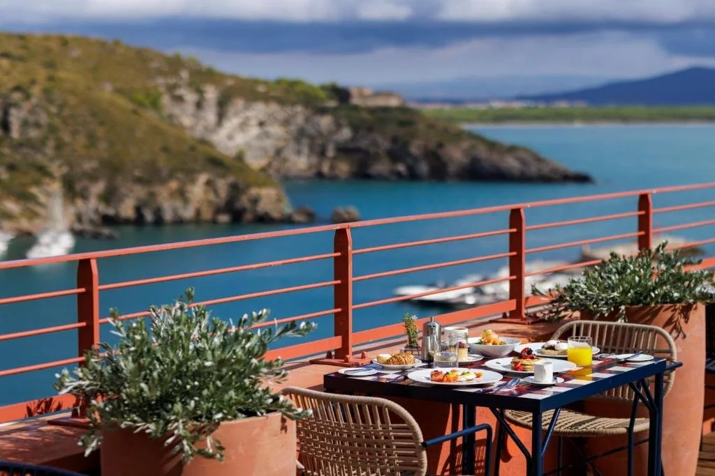 view of porto ercole from la roqqa terrace in italy