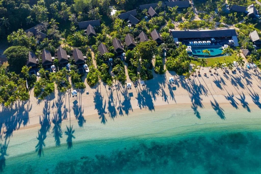 aerial view of beach at six senses fiji