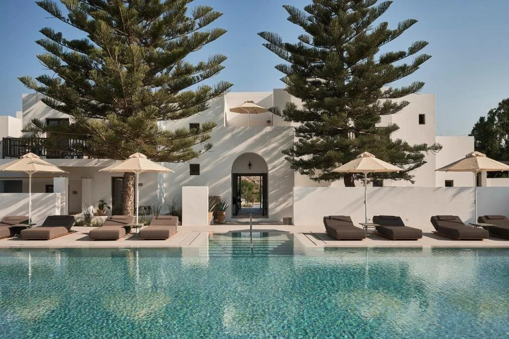 white washed buildings and pool at Parilio in Paros Greece