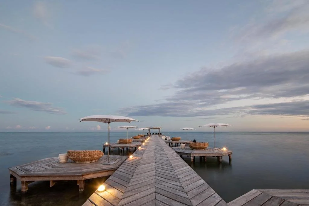 dock at matachica resort in ambergris caye in belize