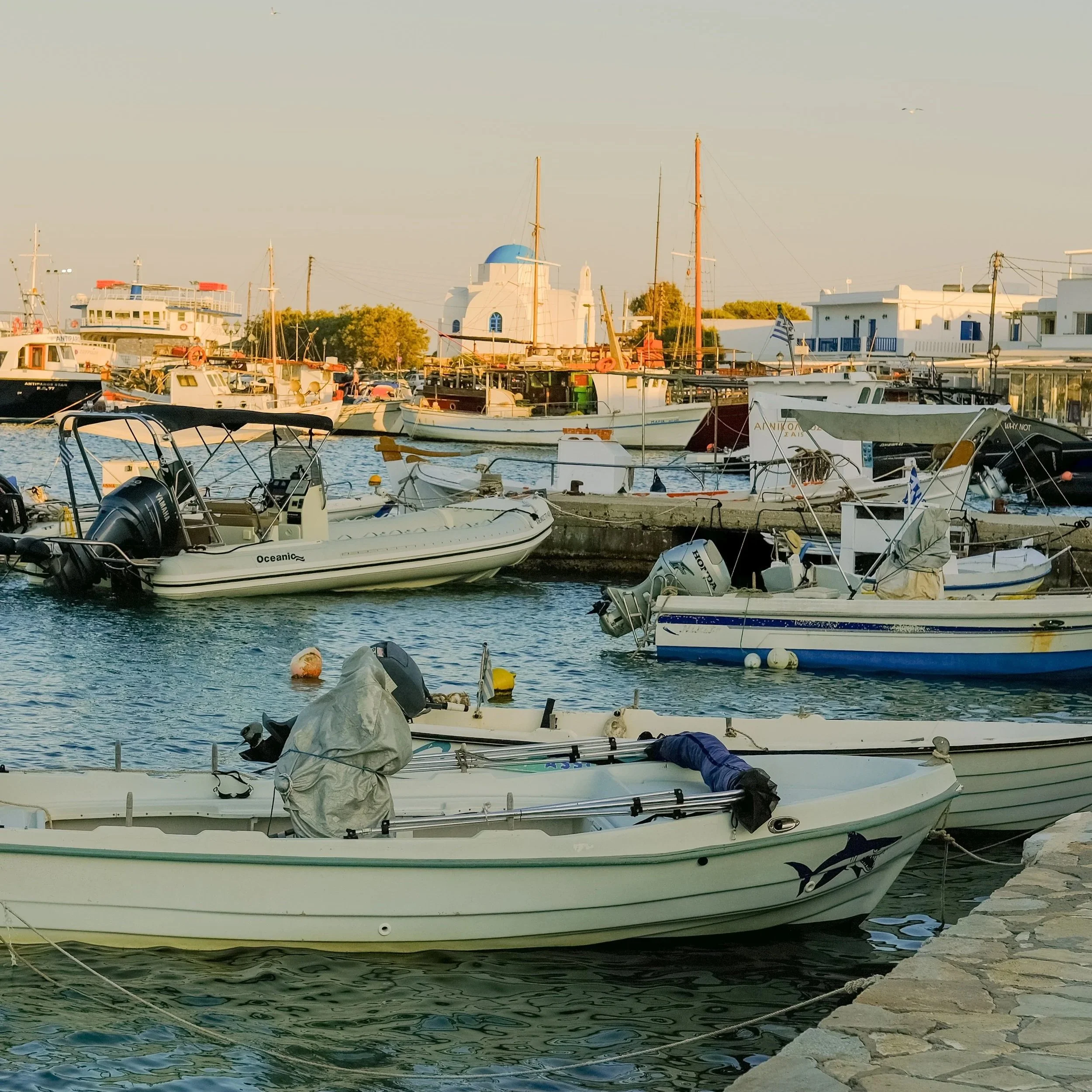 antiparos harbor at sunset in antiparos Greece summer