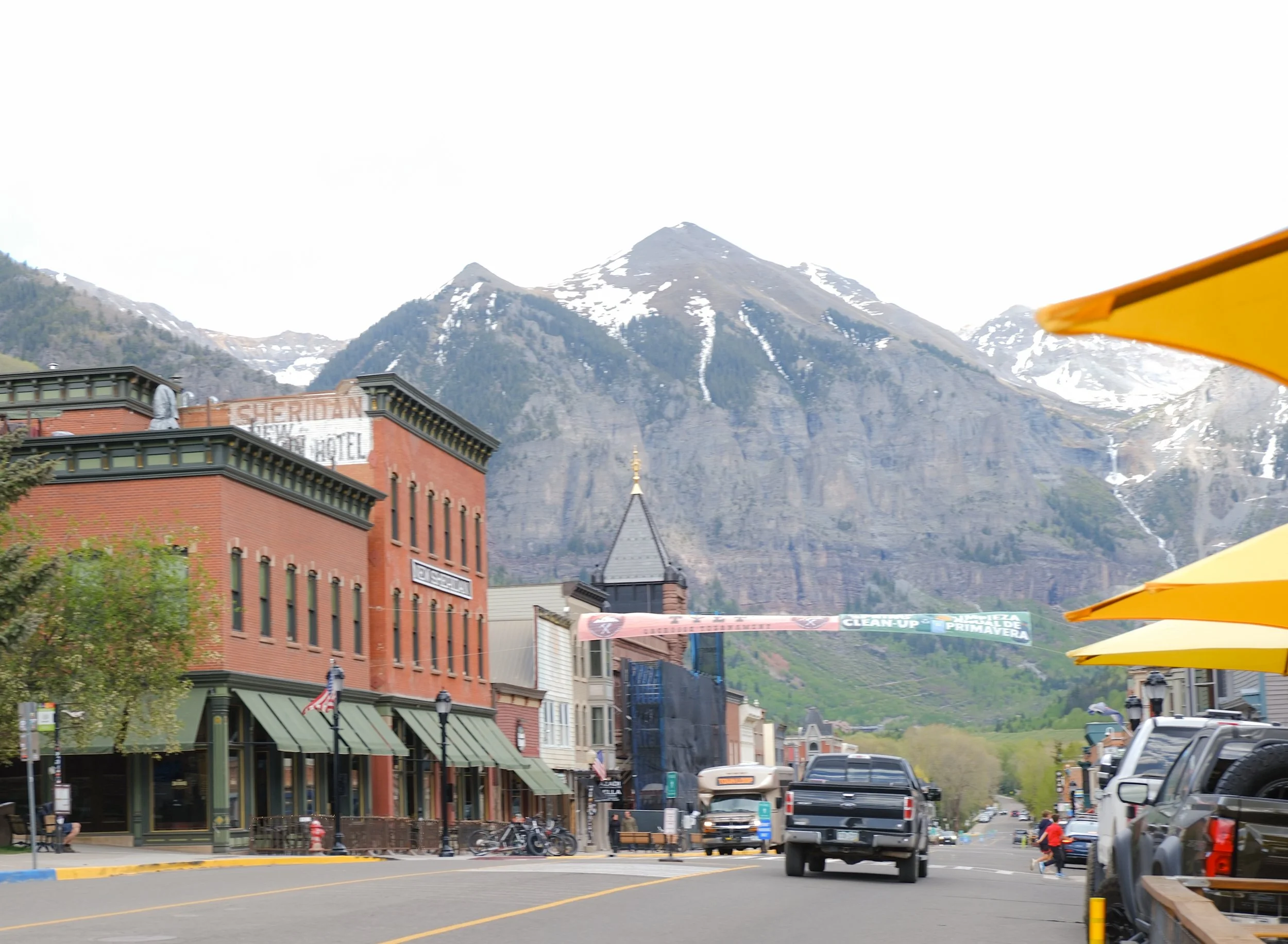 Telluride main street in Telluride Colorado with Bridal Veil falls in the background