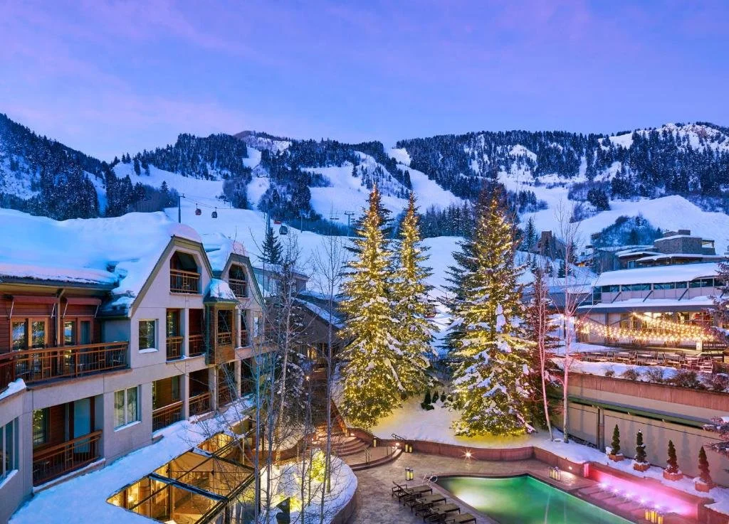 little nell hotel pool overlooking aspen mountain in colorado