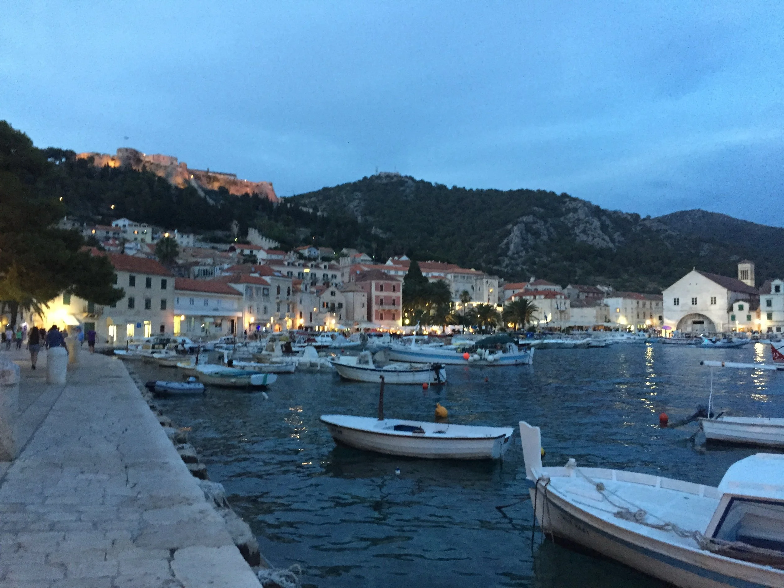 dusk in hvar town marina in croatia