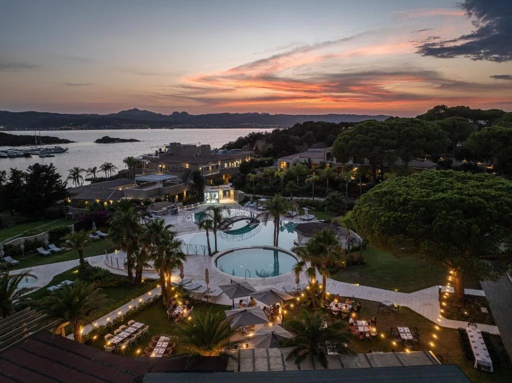 overview of 7pines resort at dusk in sardinia italy