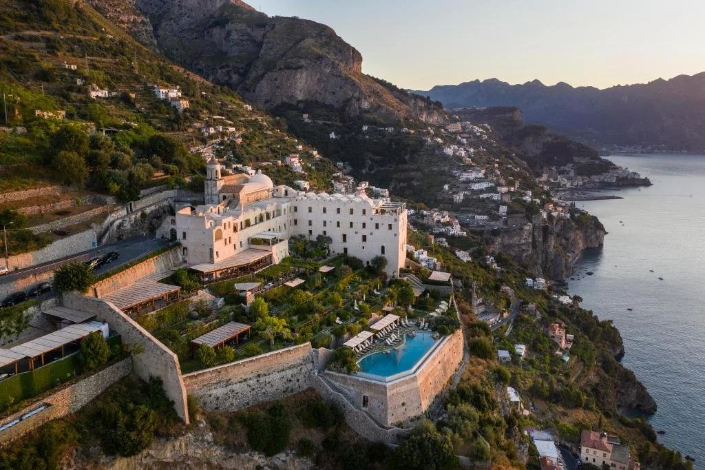 aerial view of monastero santa rosa in amalfi italy