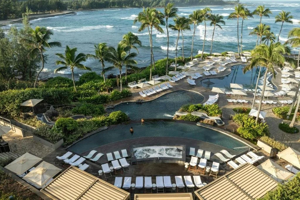 aerial view of pools and beach at the ritz-carlton o'ahu turtle bay on the north shore of hawaii