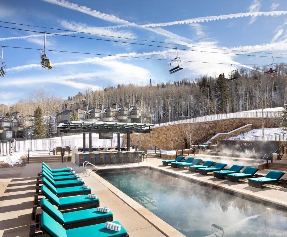 Viceroy Snowmass pool view is ski-in, ski-out in snowmass village colorado