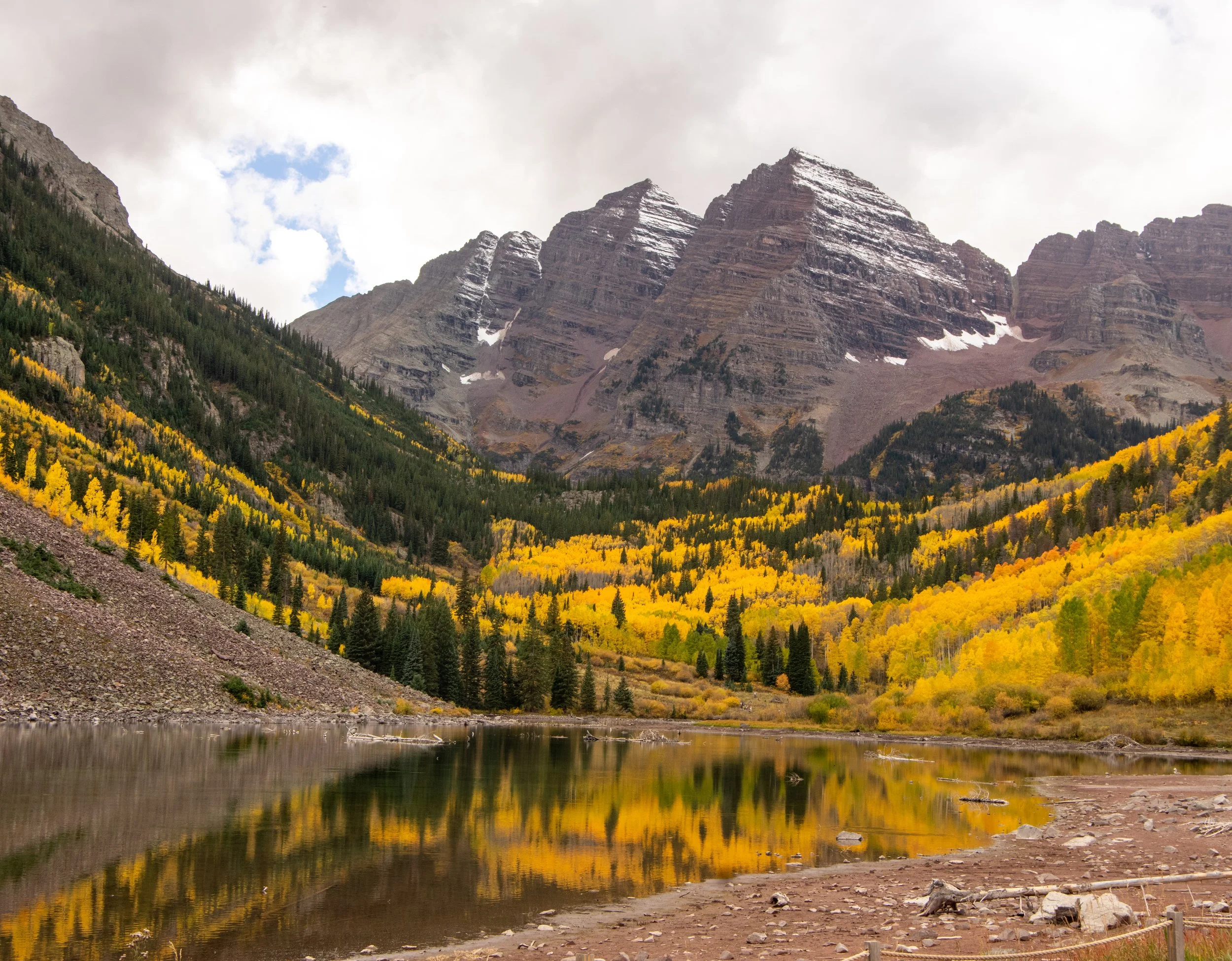 Snow-covered peaks in Maroon Bells in Aspen Colorado