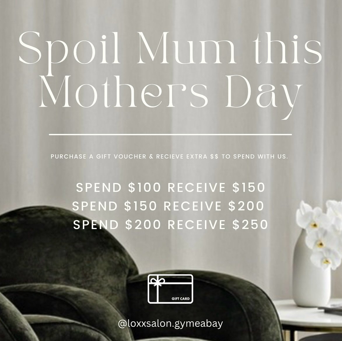 Spoil Mum this Mother&rsquo;s Day! 🤍 

Spend &amp; Save $$ when you purchase a gift voucher with us! Limited quantities available with selected stylists. Available for purchase until Sunday. 

Gift vouchers can be purchased online via the link in ou