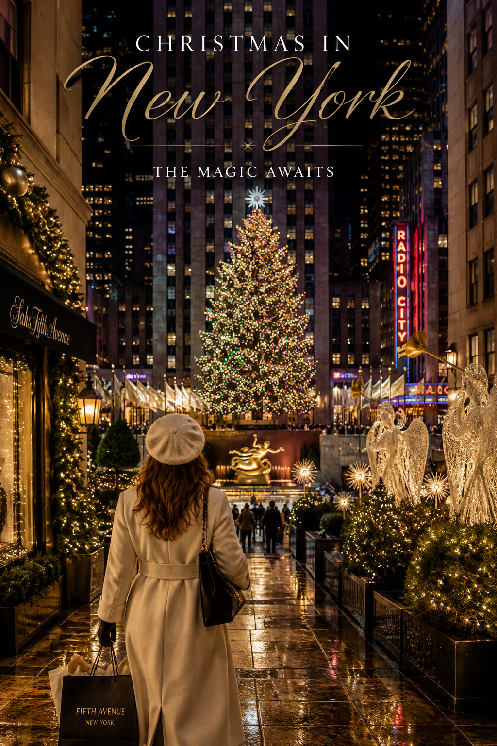 A woman wearing a beige coat and beret walks on a wet city street decorated for Christmas in New York, with a large Christmas tree and illuminated angel sculptures in the background.