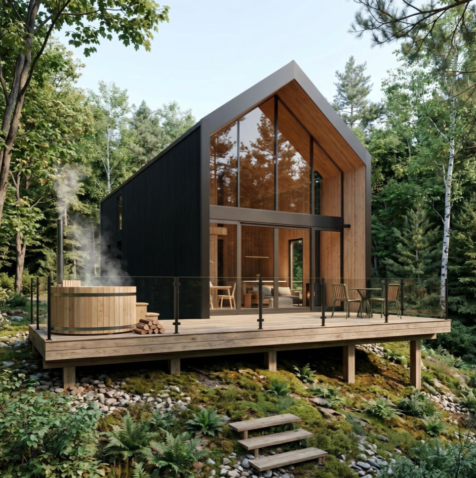 Modern black and wood A-frame cabin with large glass windows, on a deck with outdoor seating and hot tub, surrounded by trees.