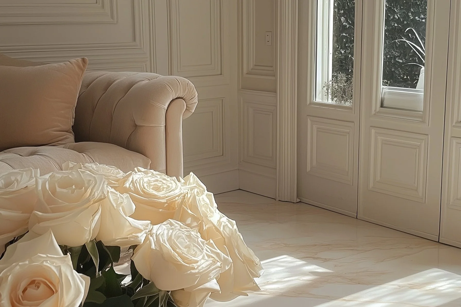 A cozy corner with a cream-colored tufted sofa, a pillow, a bunch of white roses, hardwood floors, and a door with glass panels leading outside to greenery.