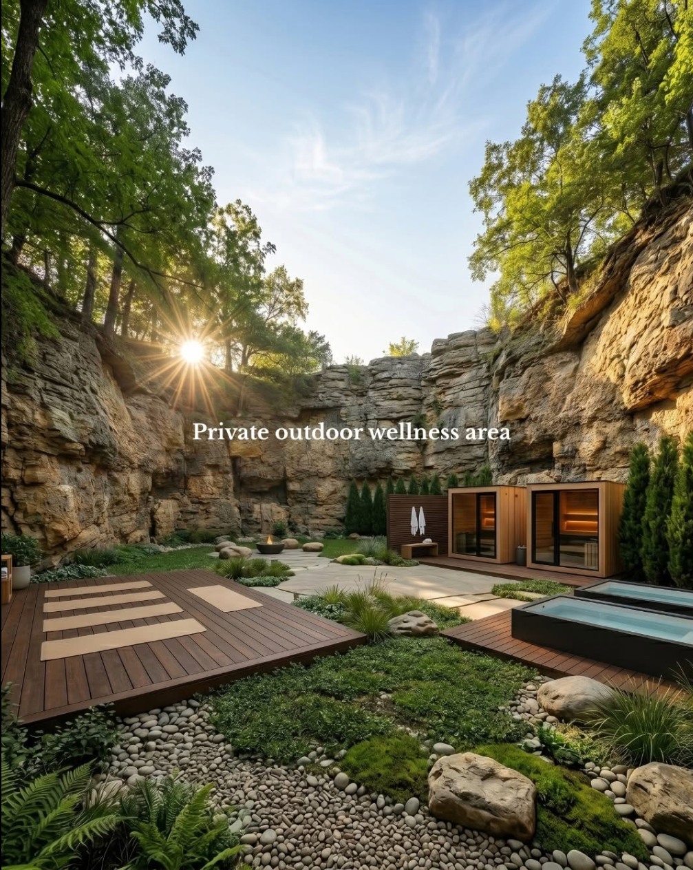 A private outdoor wellness area with a wooden deck, a small hot tub, and a landscaped garden with rocks, grass, and plants, surrounded by rocky cliffs and trees under a clear sky with the sun setting.