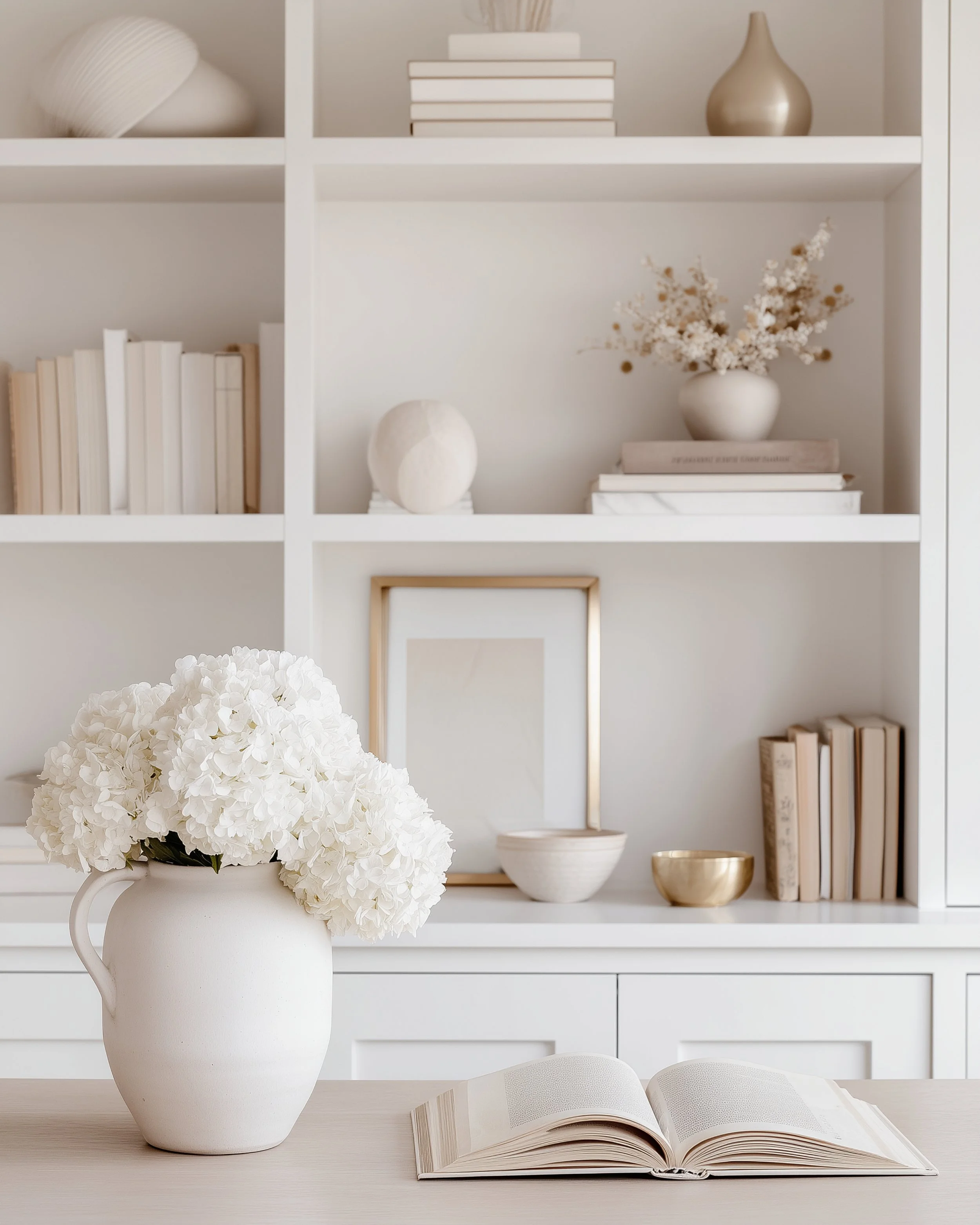 White vase with white hydrangea flowers on a wooden table in front of a white bookshelf with decorative objects and books