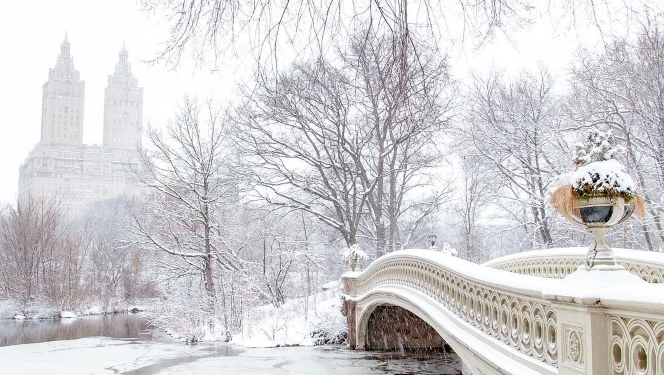 Snow-covered trees, a bridge with ornate railings, and a building with twin towers in the foggy, winter landscape.