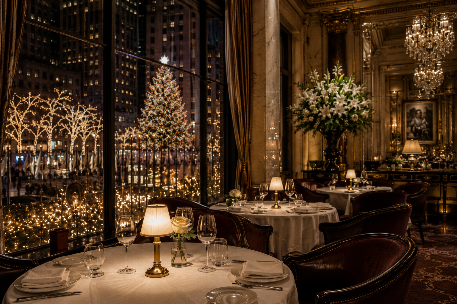 Elegant restaurant interior with round tables dressed in white tablecloths, set with wine glasses, plates, and silverware, illuminated by small table lamps. Large floral arrangements and ornate chandeliers adorn the room. Through large windows, a festive outdoor scene with Christmas trees decorated with lights is visible.