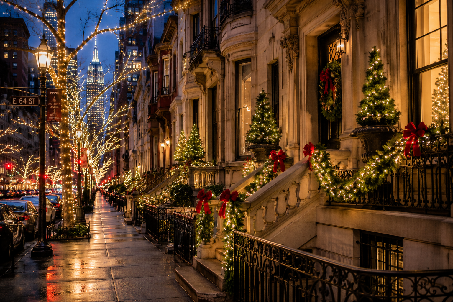 Festively decorated brownstone row houses on a city street at night, with Christmas trees and garlands with red bows adorning the stairs and railings. Trees along the sidewalk are wrapped with string lights, and the street is wet, reflecting the Christmas lights and city lights in the evening.