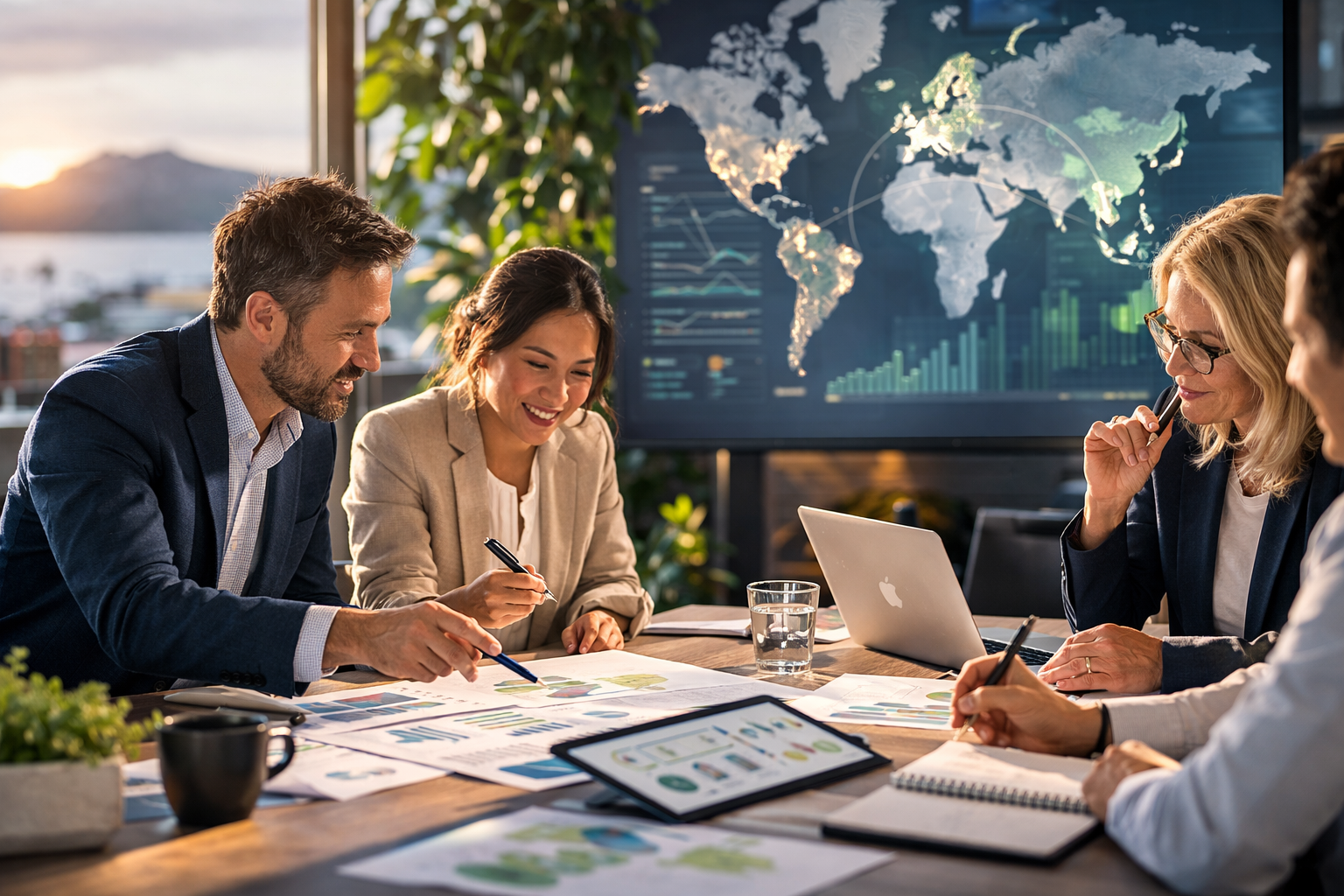 A group of business professionals having a meeting in a conference room with a large digital world map and graphs displayed on a screen behind them.